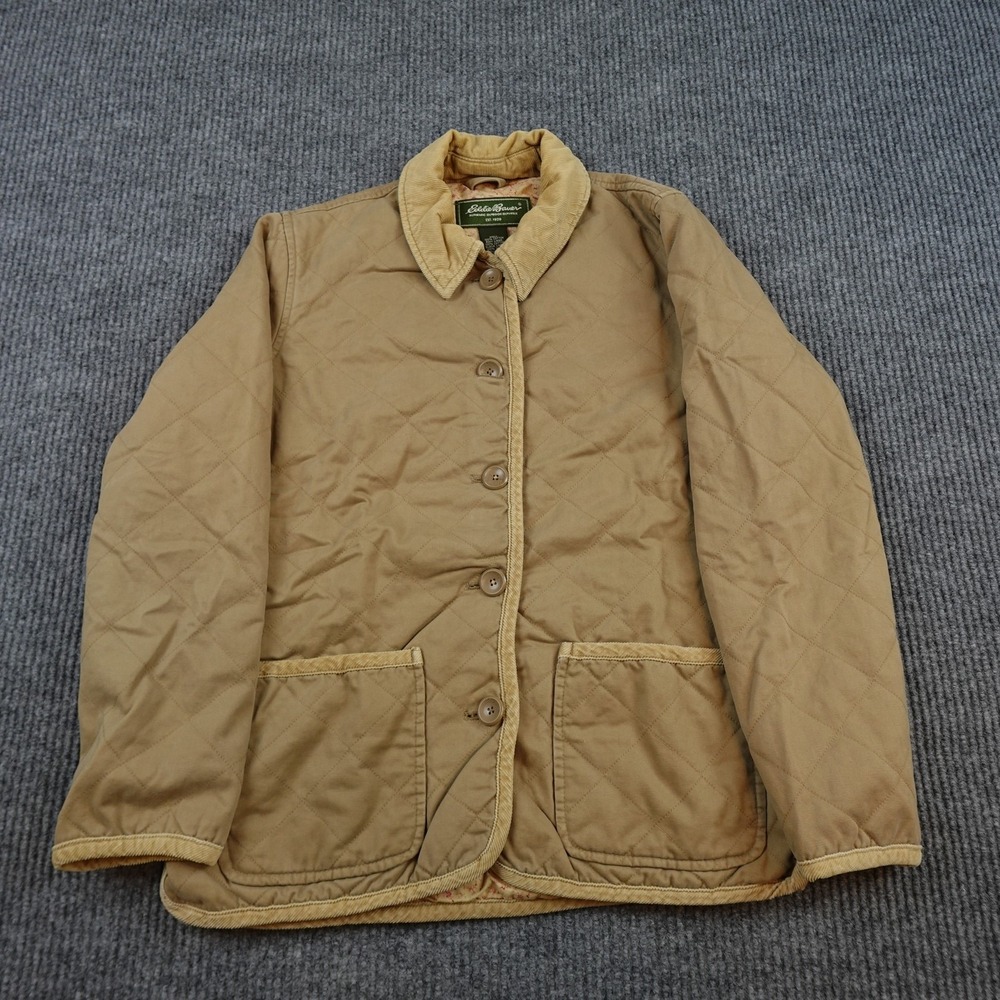Eddie Bauer Quilted Jacket Womens Small Beige Button Front Insulated Pockets
